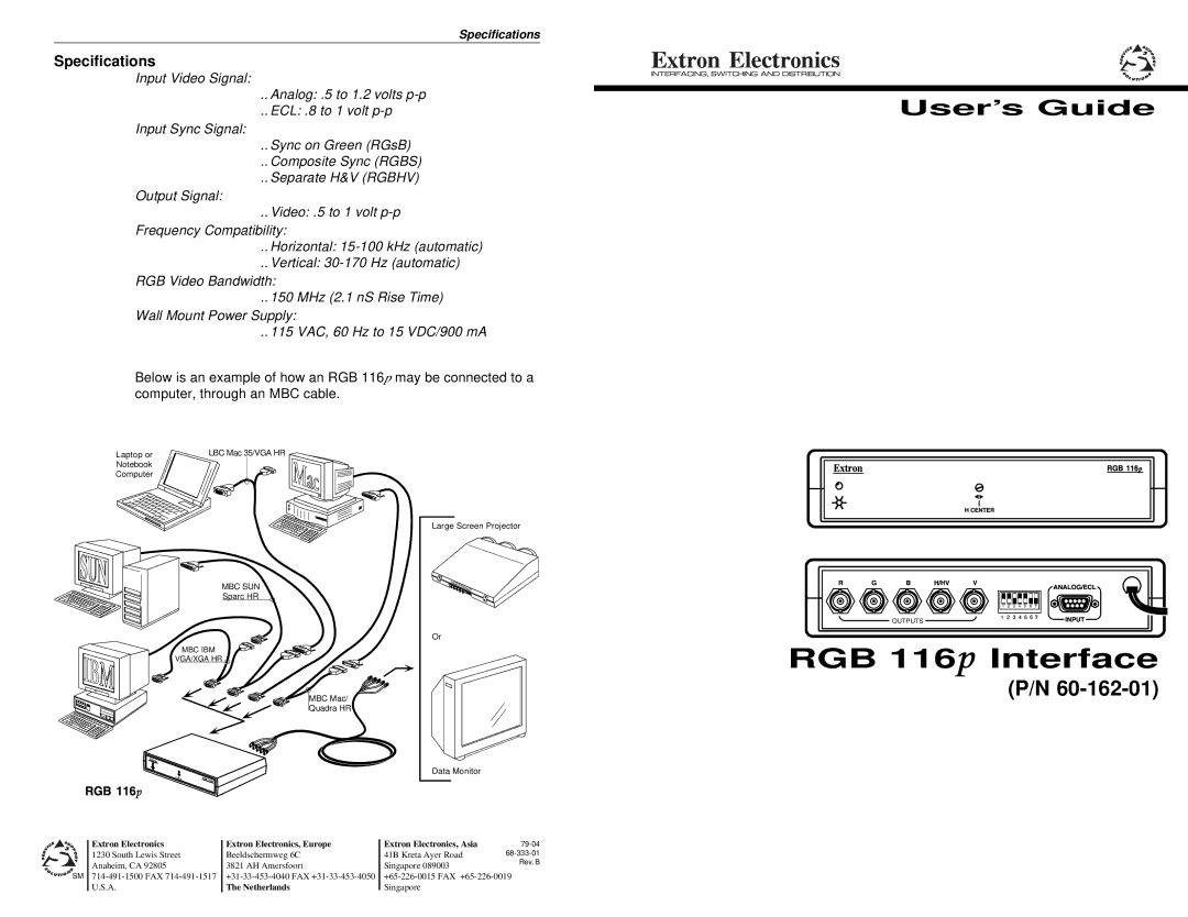 Extron electronic RGB 116P specifications RGB 116 p Interface, User’s Guide, Specifications 