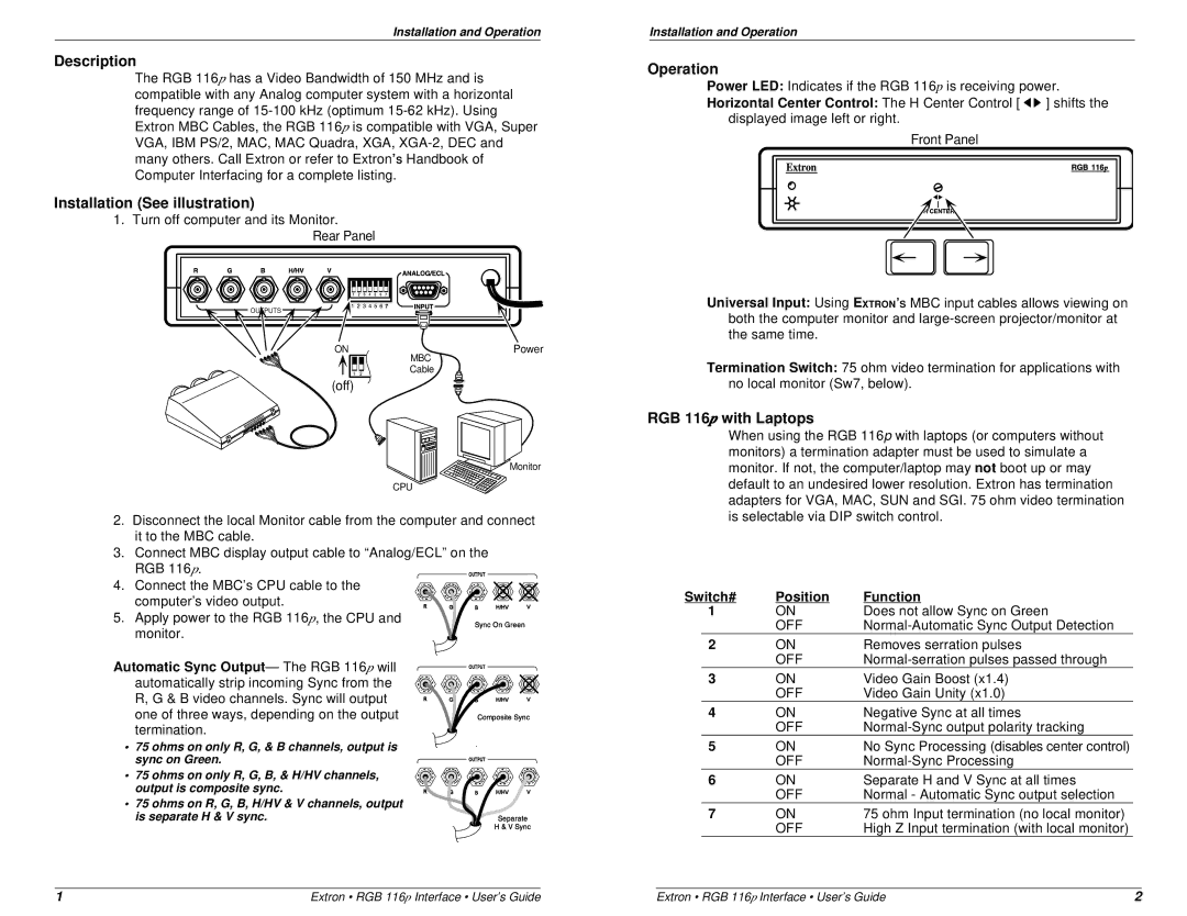 Extron electronic RGB 116P specifications Description, Installation See illustration, Operation, RGB 116p with Laptops 