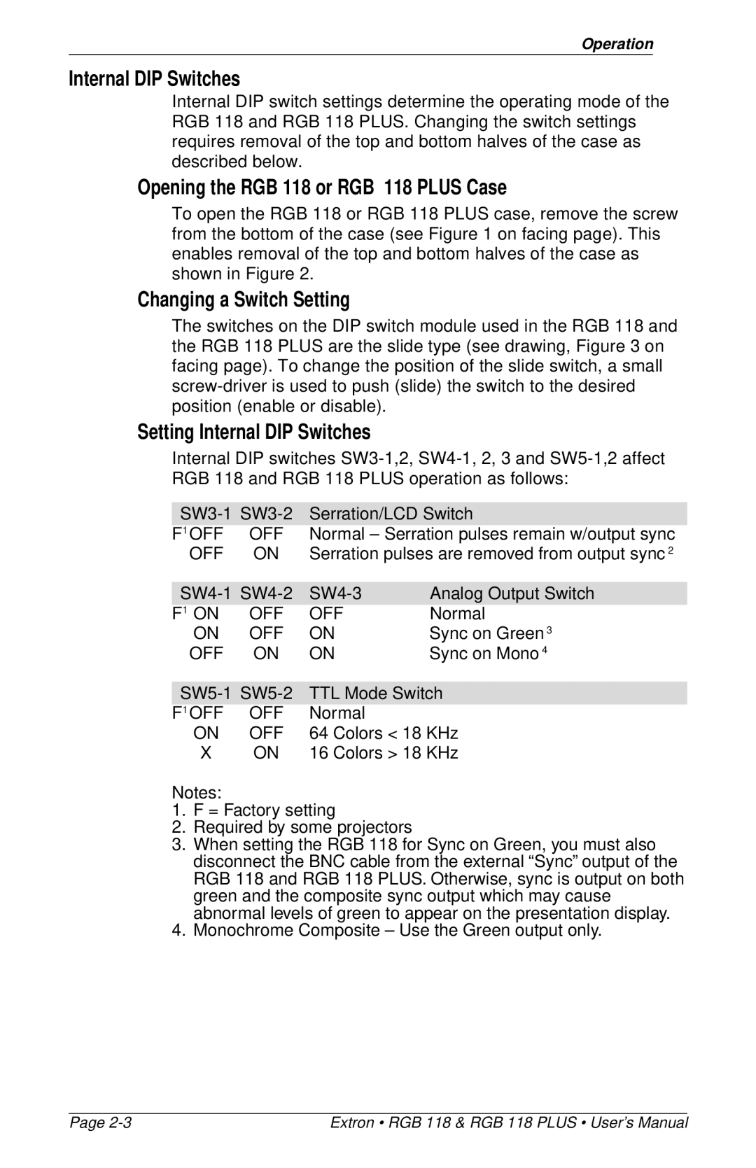 Extron electronic RGB 118 PLUS Internal DIP Switches, Opening the RGB 118 or RGB 118 Plus Case, Changing a Switch Setting 