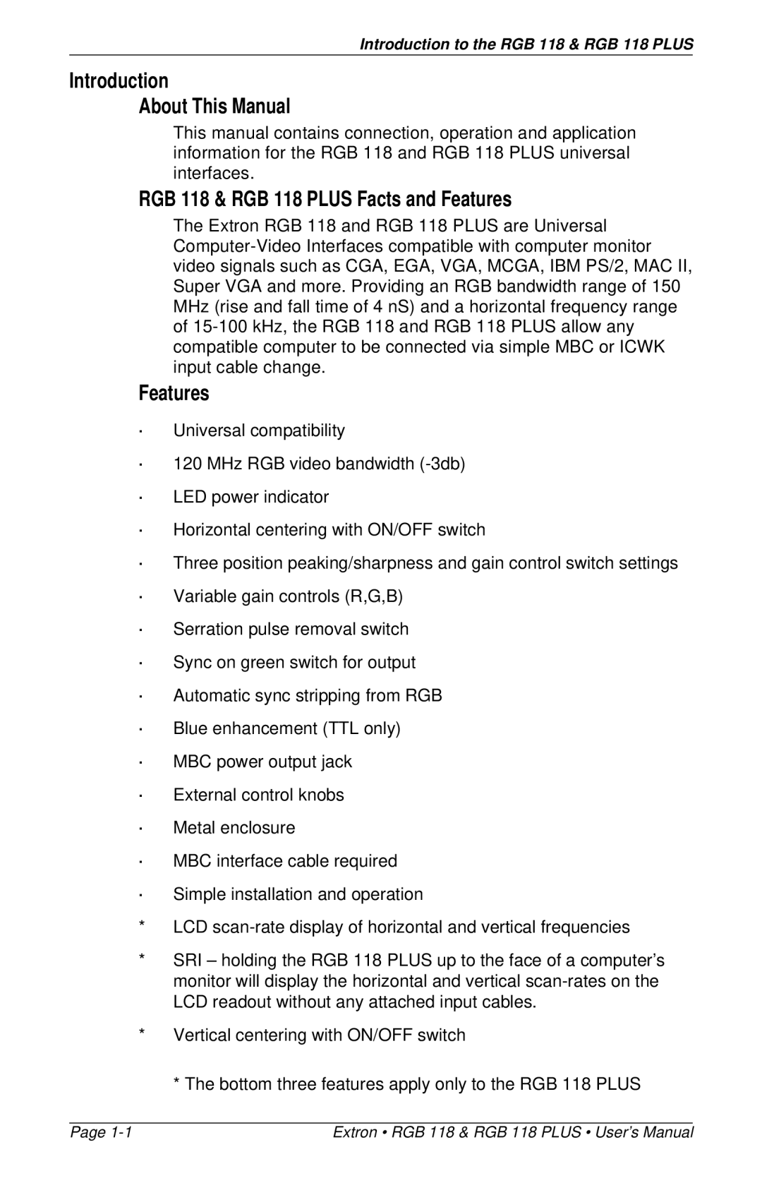 Extron electronic RGB 118 PLUS user manual Introduction About This Manual, RGB 118 & RGB 118 Plus Facts and Features 