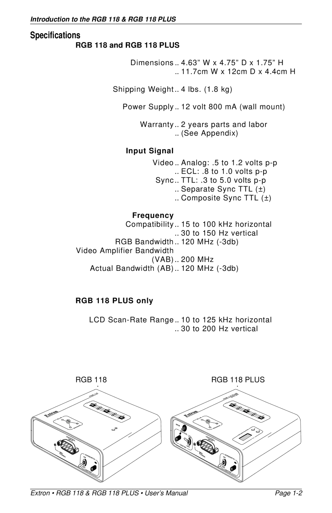 Extron electronic RGB 118 PLUS Specifications, RGB 118 and RGB 118 Plus, Input Signal, Frequency, RGB 118 Plus only 