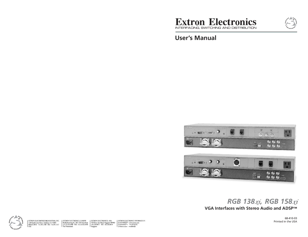 Extron electronic RGB 158XI, RGB 138XI user manual User’s Manual, VGA Interfaces with Stereo Audio and Adsp 