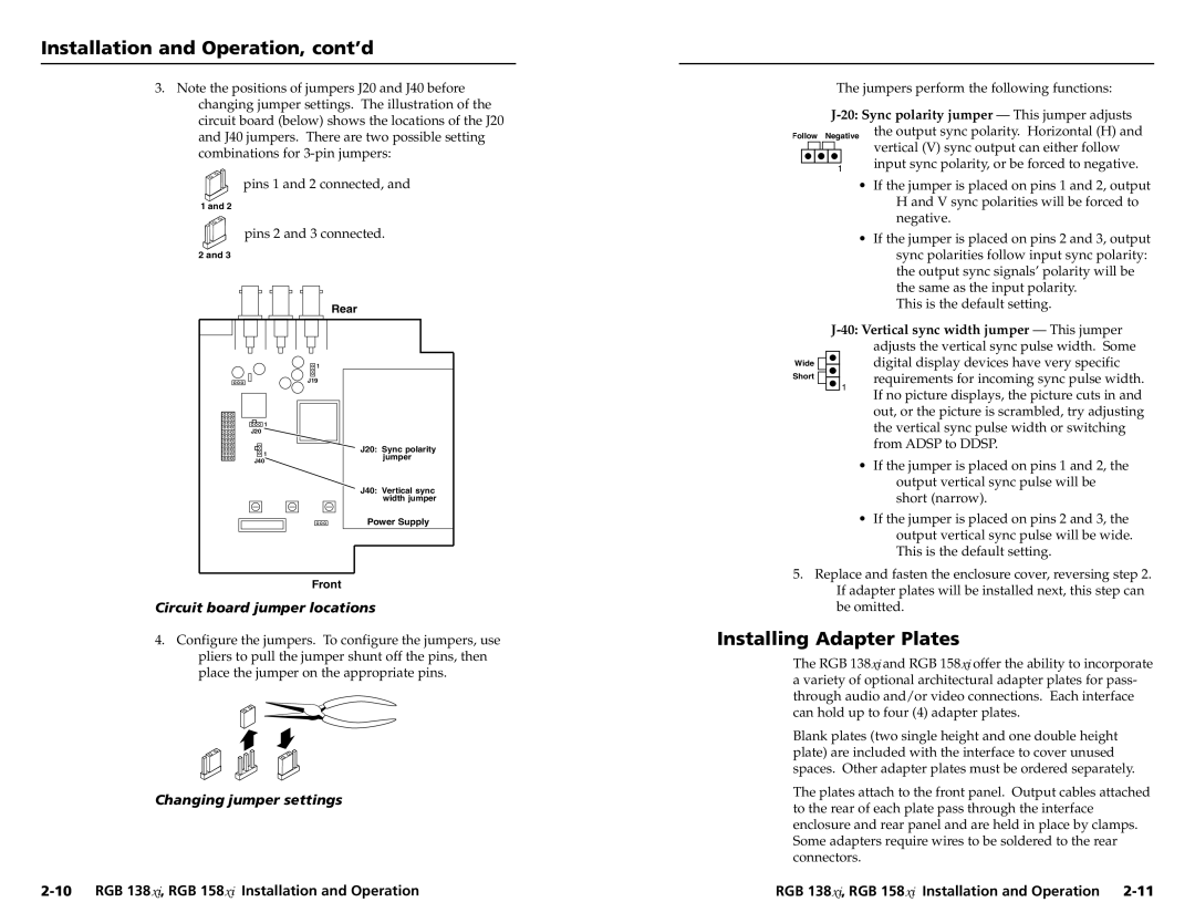 Extron electronic RGB 158XI, RGB 138XI user manual Installing Adapter Plates, Pins 1 and 2 connected, Pins 2 and 3 connected 