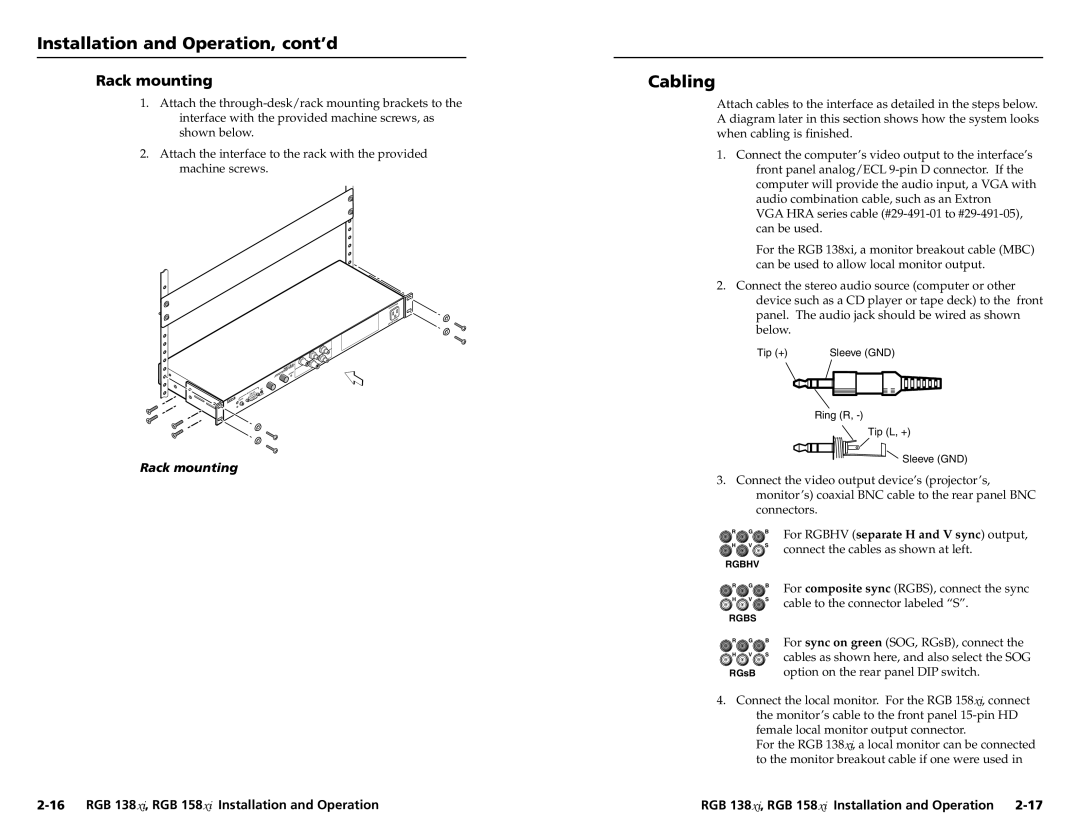 Extron electronic RGB 138XI, RGB 158XI user manual Cabling, Rack mounting 