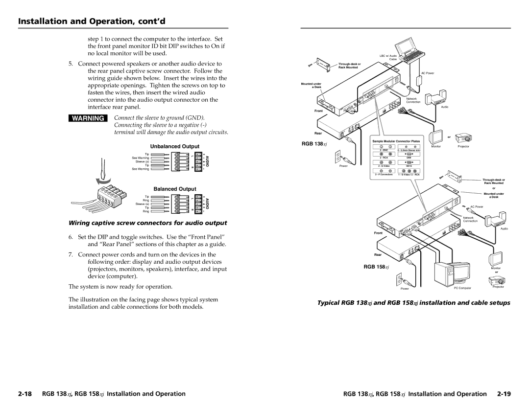 Extron electronic RGB 158XI, RGB 138XI user manual Wiring captive screw connectors for audio output 