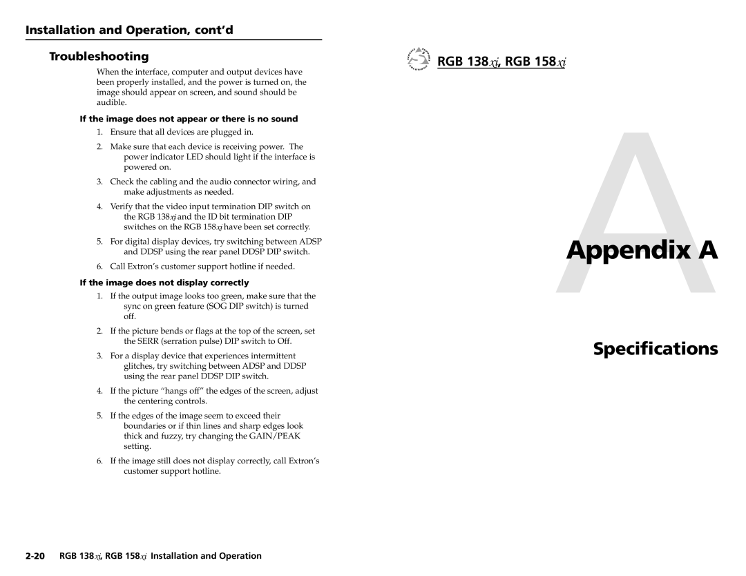 Extron electronic RGB 138XI, RGB 158XI user manual Specifications, Installation and Operation, cont’d Troubleshooting 