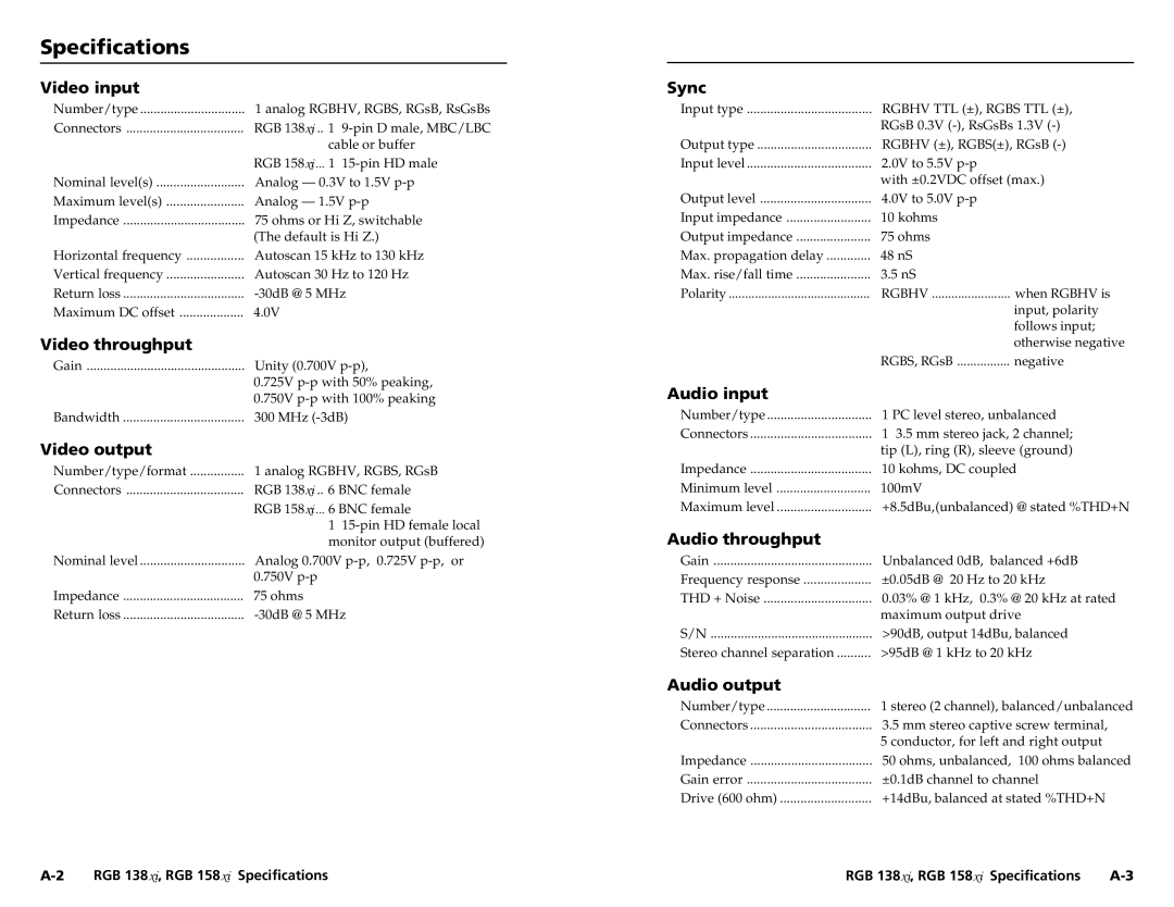 Extron electronic RGB 158XI, RGB 138XI user manual Specifications 