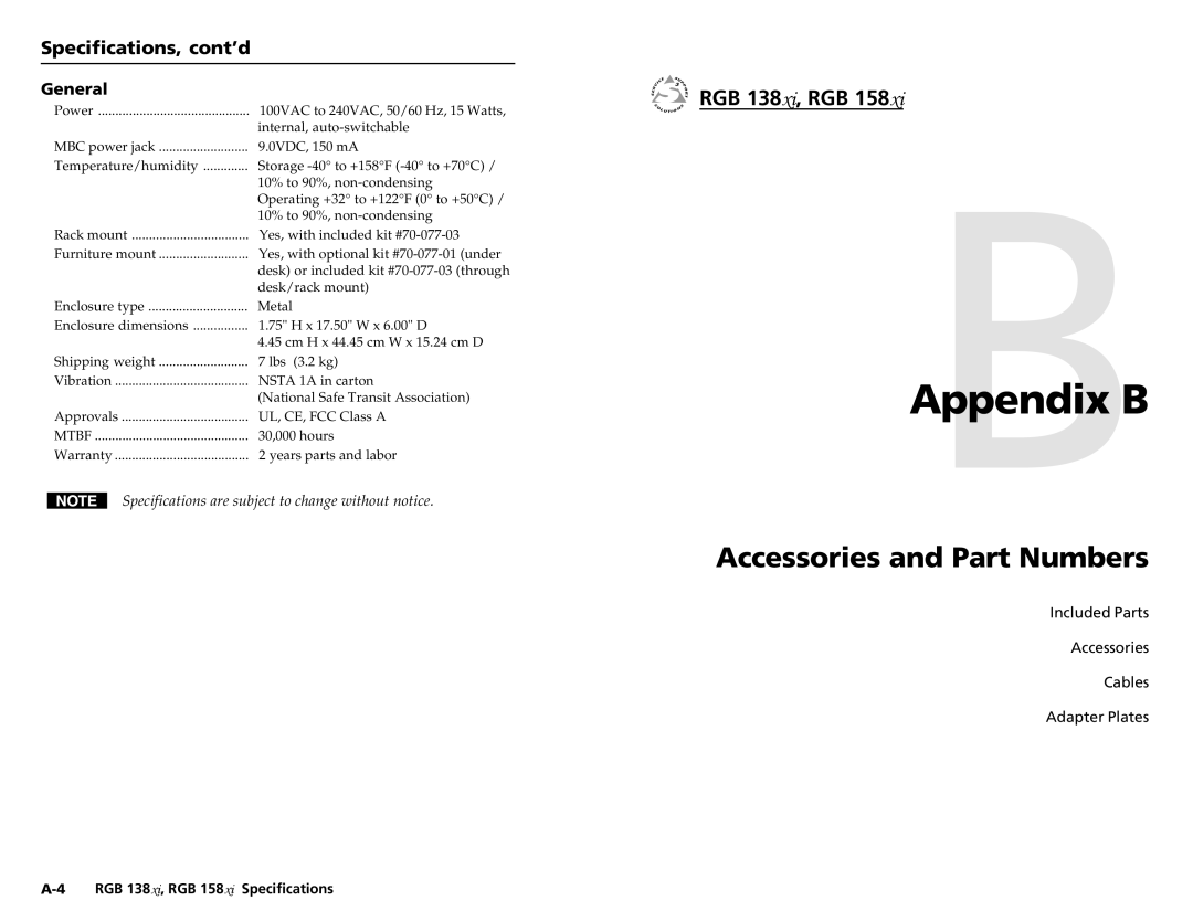 Extron electronic RGB 138XI, RGB 158XI user manual Accessories and Part Numbers, Specifications, cont’d, General 