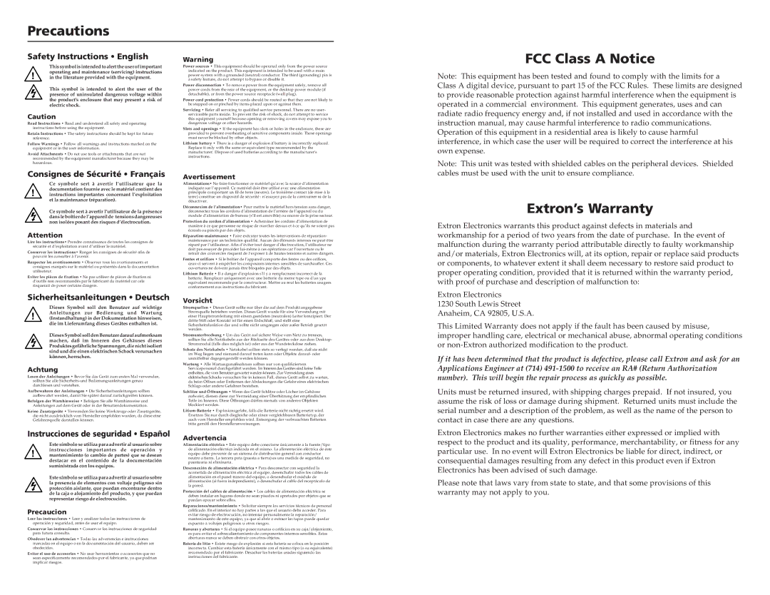 Extron electronic RGB 138XI, RGB 158XI user manual Precautions, FCC Class a Notice, Extron’s Warranty 