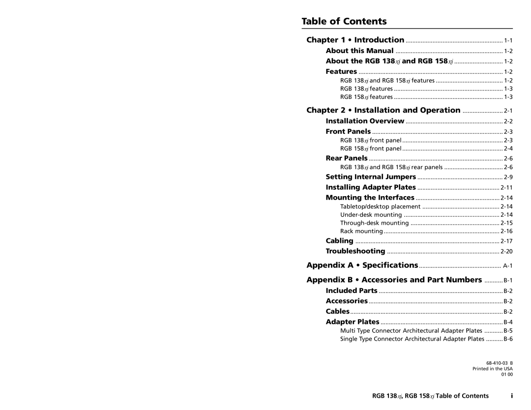 Extron electronic RGB 158XI, RGB 138XI user manual Table of Contents 