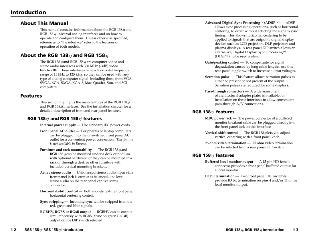 Extron electronic RGB 158XI, RGB 138XI user manual Introduction, About This Manual, About the RGB 138xi and RGB, Features 