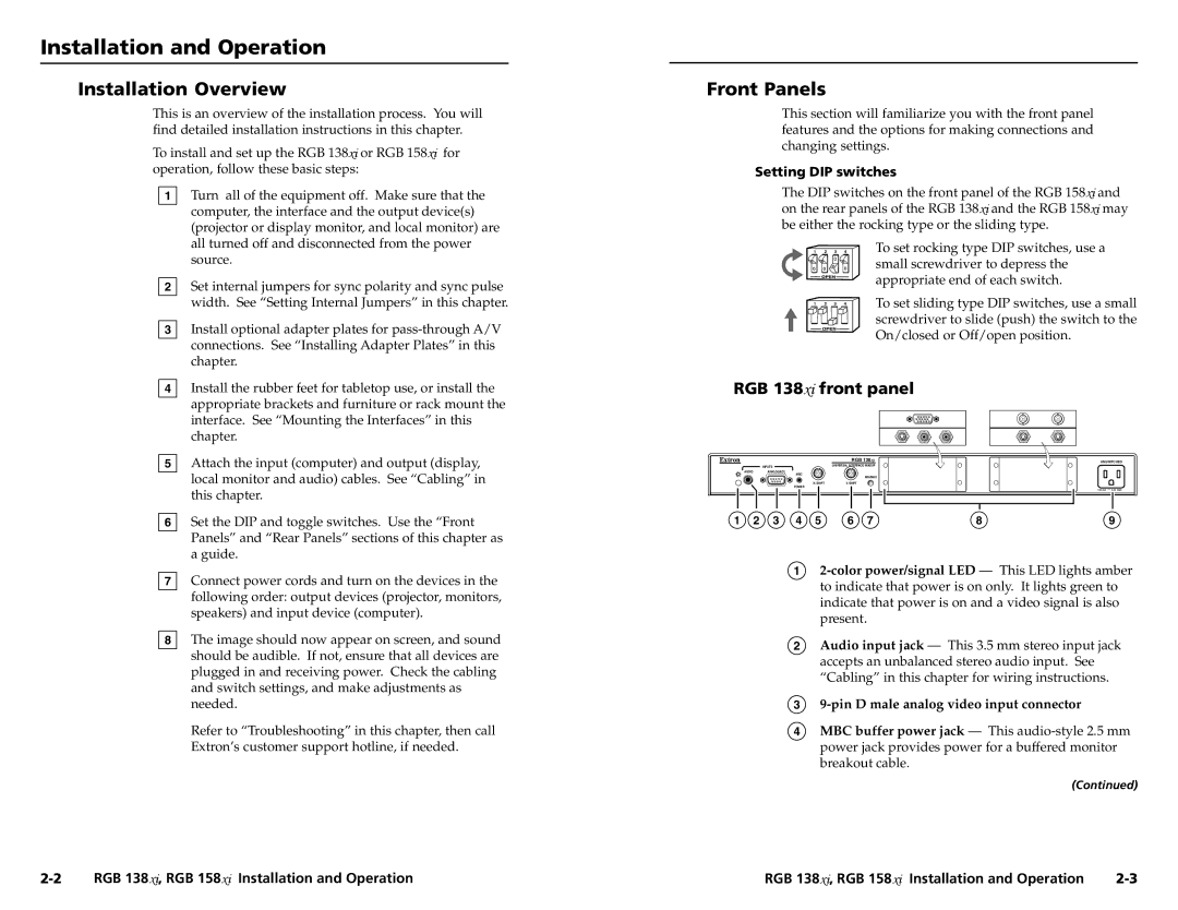 Extron electronic RGB 158XI Installation and Operation, Installation Overview, Front Panels, RGB 138xi front panel 