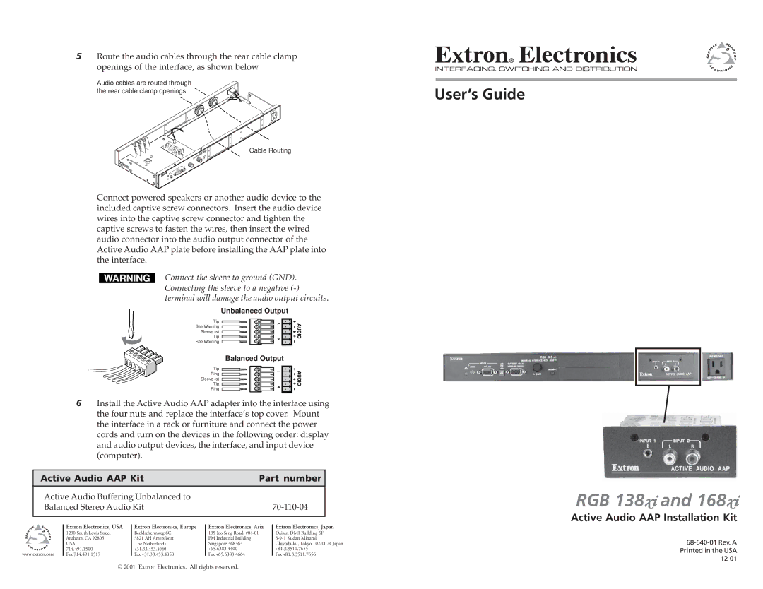 Extron electronic RGB 168xi manual RGB 138xi, Active Audio AAP Installation Kit, Active Audio AAP Kit Part number, Usa 