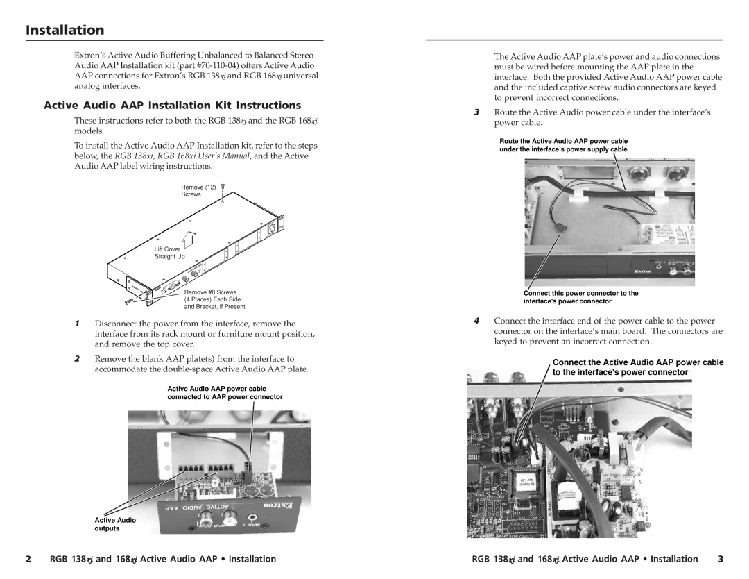 Extron electronic 70-110-04, RGB 138XI, RGB 168xi manual Active Audio AAP Installation Kit Instructions 