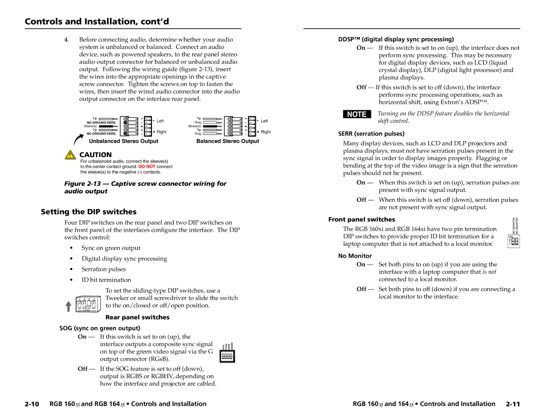 Extron electronic RGB 160 user manual Setting the DIP switches 