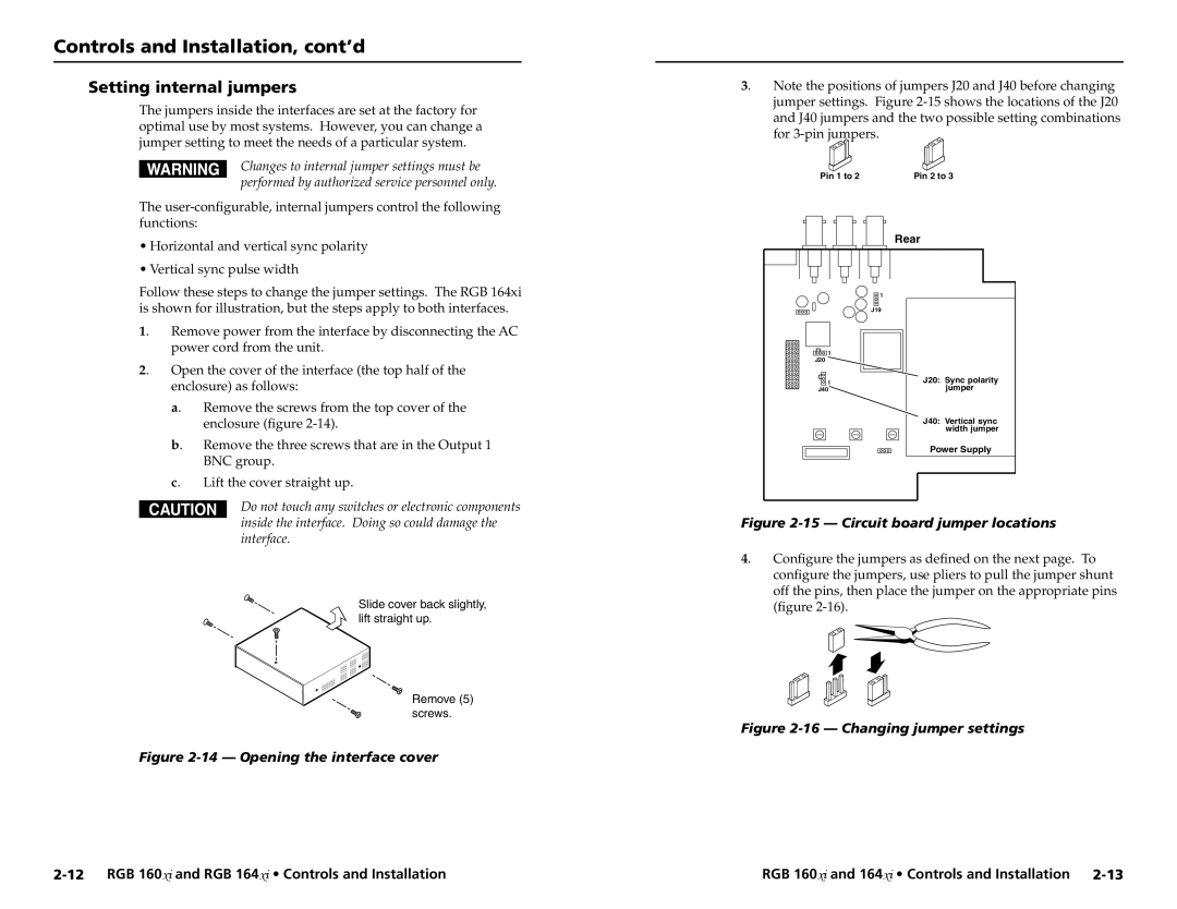 Extron electronic RGB 160 user manual Setting internal jumpers, Interface 