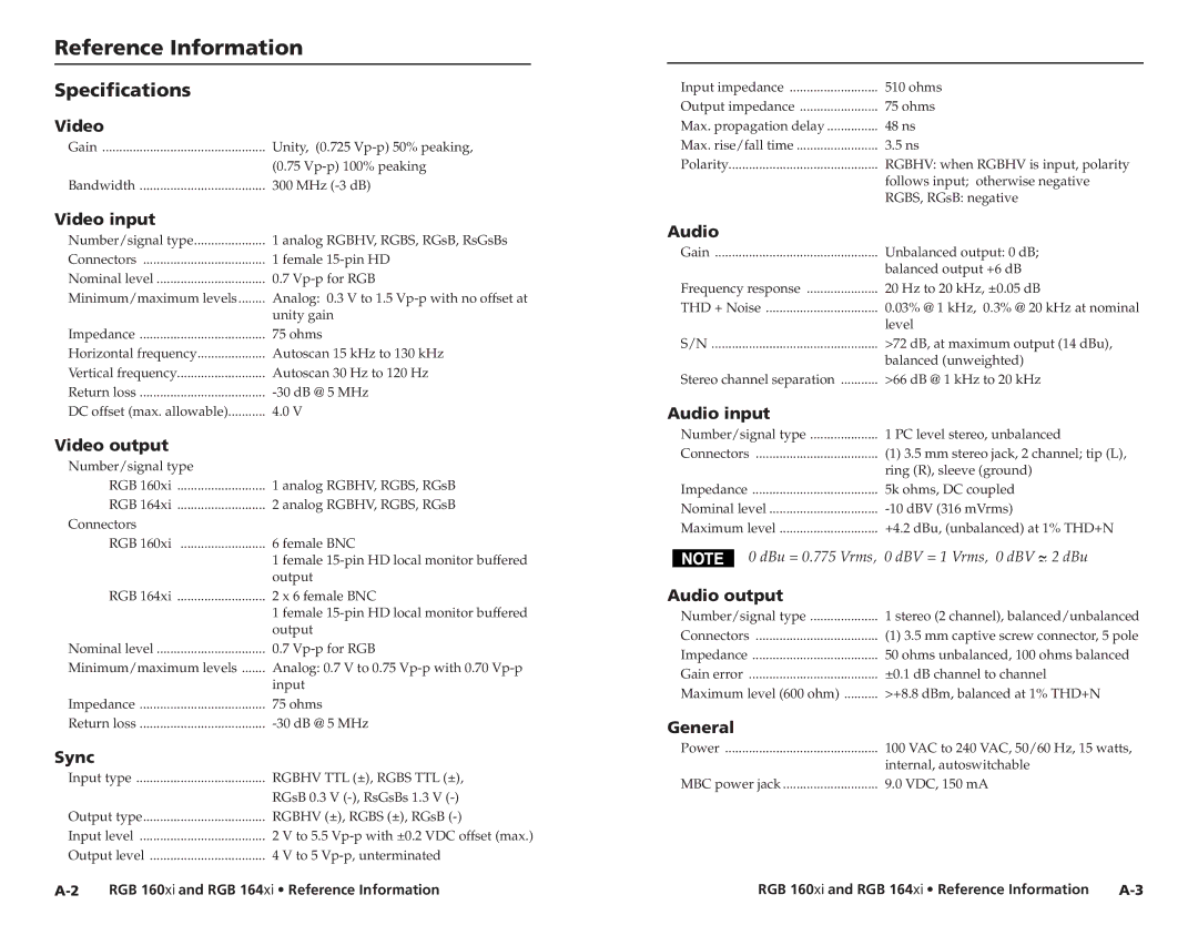 Extron electronic RGB 160 user manual Reference Information, Specifications 