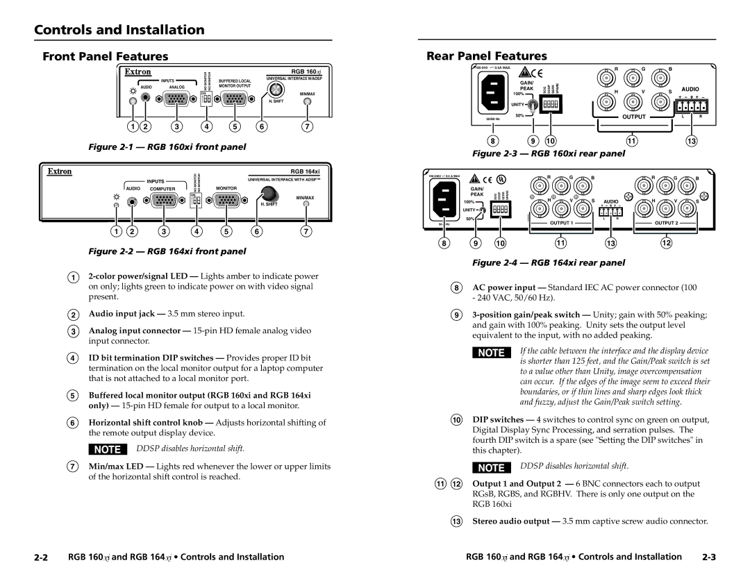 Extron electronic RGB 160 user manual Controls and Installation, Front Panel Features, Rear Panel Features 