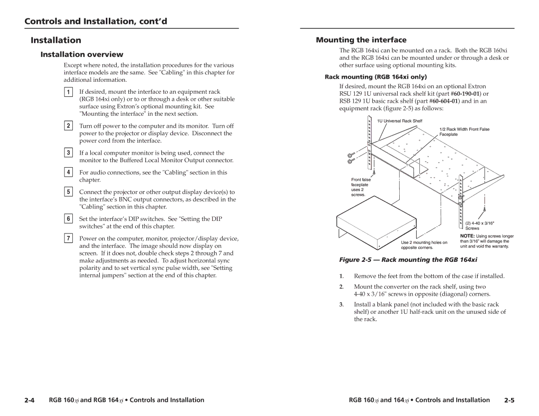 Extron electronic RGB 160 user manual Controls and Installation, cont’d, Installation overview, Mounting the interface 