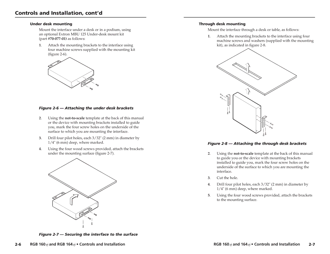 Extron electronic RGB 160 user manual Under desk mounting, Through desk mounting 