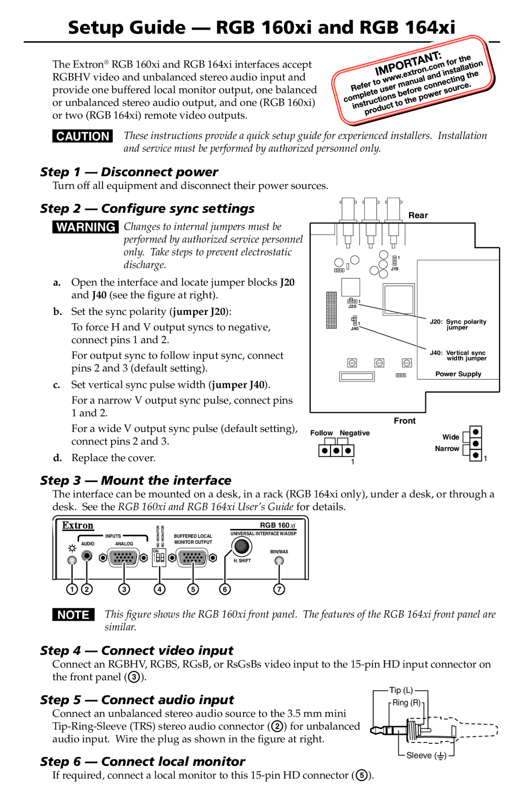 Extron electronic RGB 160XI, RGB 164XI setup guide Disconnect power, Configure sync settings, Mount the interface 