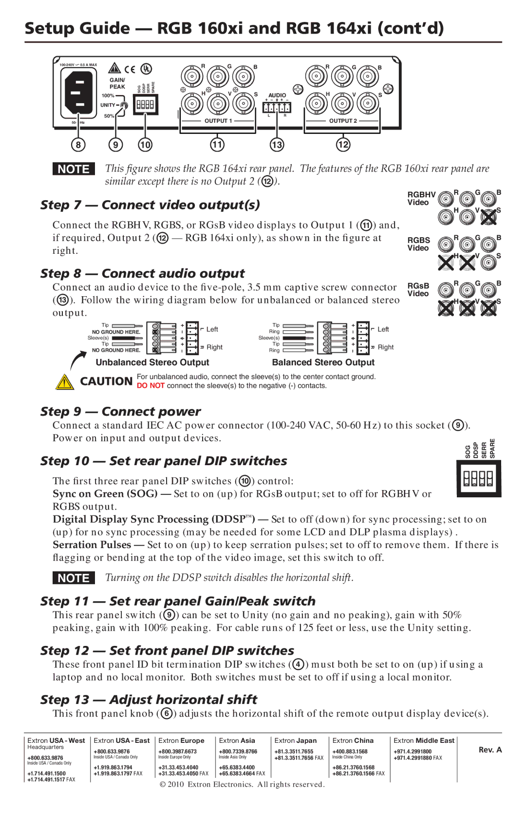 Extron electronic RGB 164XI Connect video outputs, Connect audio output, Connect power, Set rear panel DIP switches 