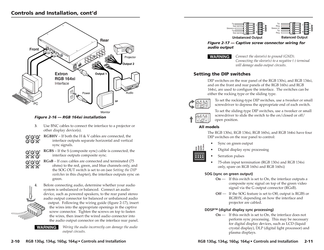 Extron electronic RGB 164XI, RGB 160XI user manual Setting the DIP switches, All models, SOG sync on green output 