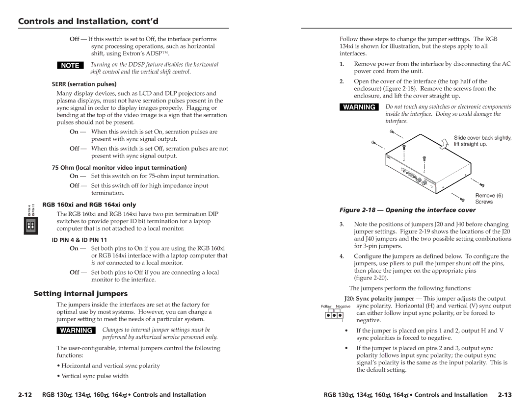 Extron electronic RGB 160XI Setting internal jumpers, Serr serration pulses, Ohm local monitor video input termination 
