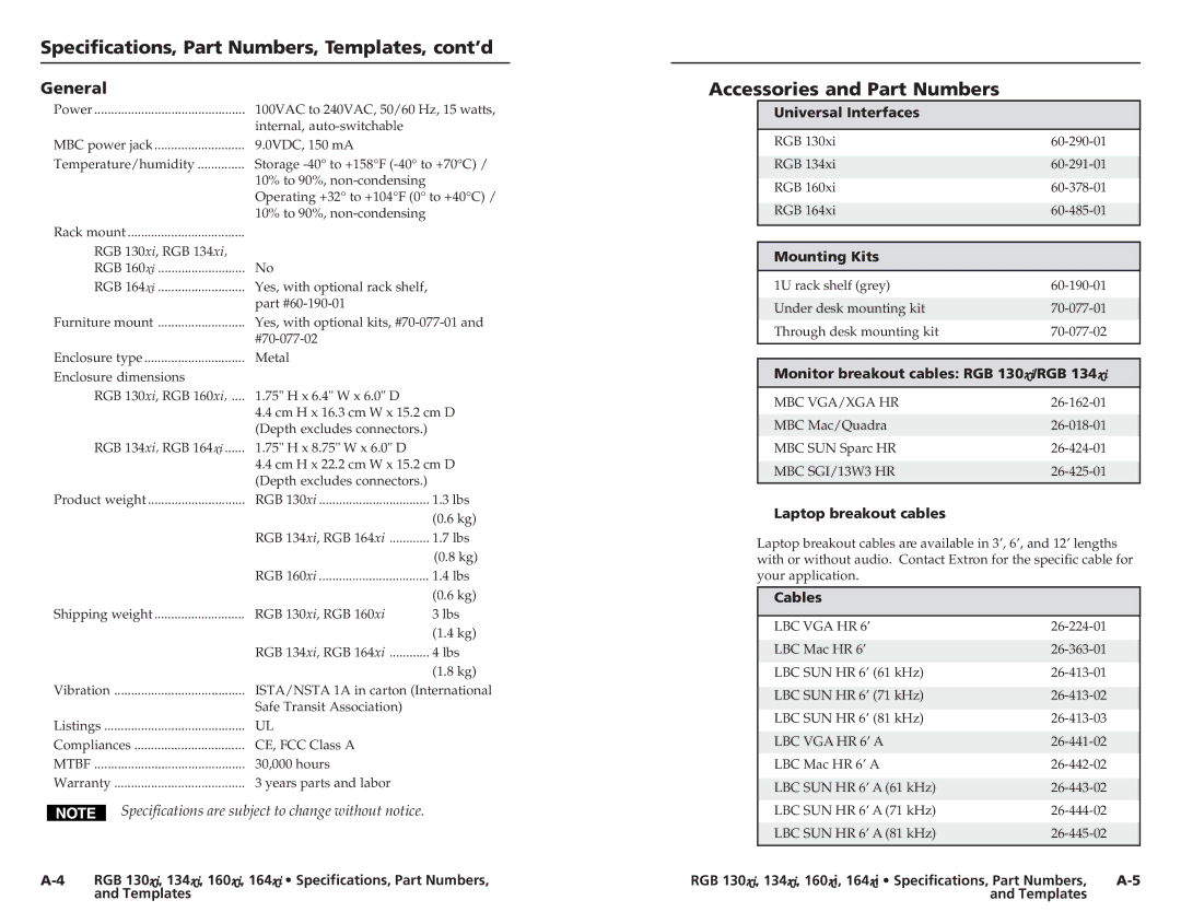 Extron electronic RGB 164XI Specifications, Part Numbers, Templates, cont’d, Accessories and Part Numbers, General, Rgb 