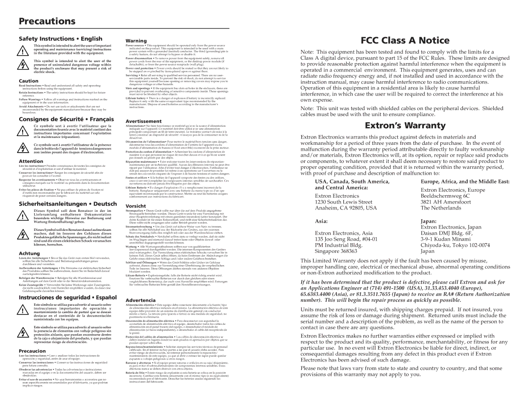 Extron electronic RGB 164XI, RGB 160XI user manual Precautions, FCC Class a Notice, Extron’s Warranty 