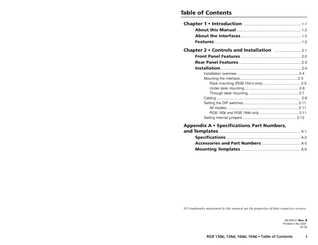 Extron electronic RGB 160XI, RGB 164XI user manual Table of Contents 