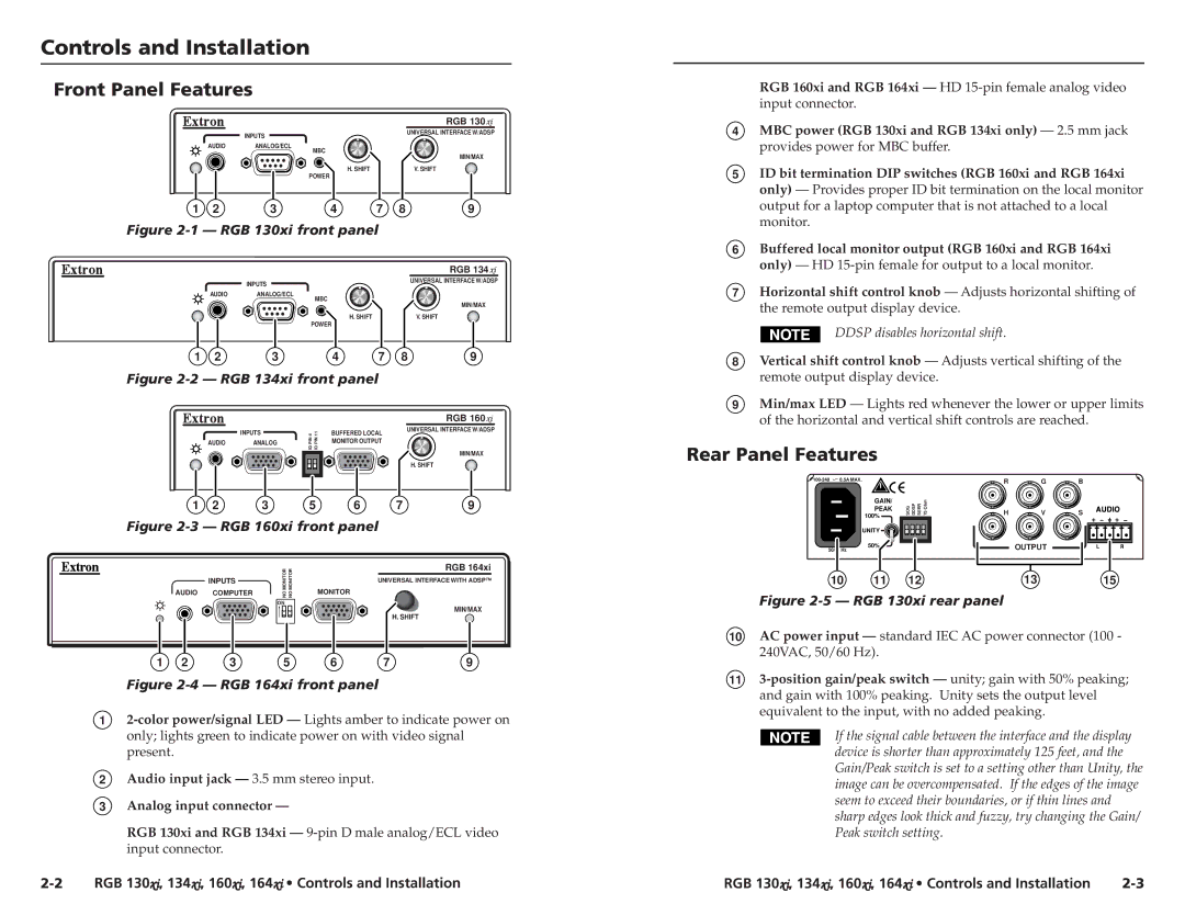 Extron electronic RGB 164XI, RGB 160XI user manual Controls and Installation, Front Panel Features, Rear Panel Features 