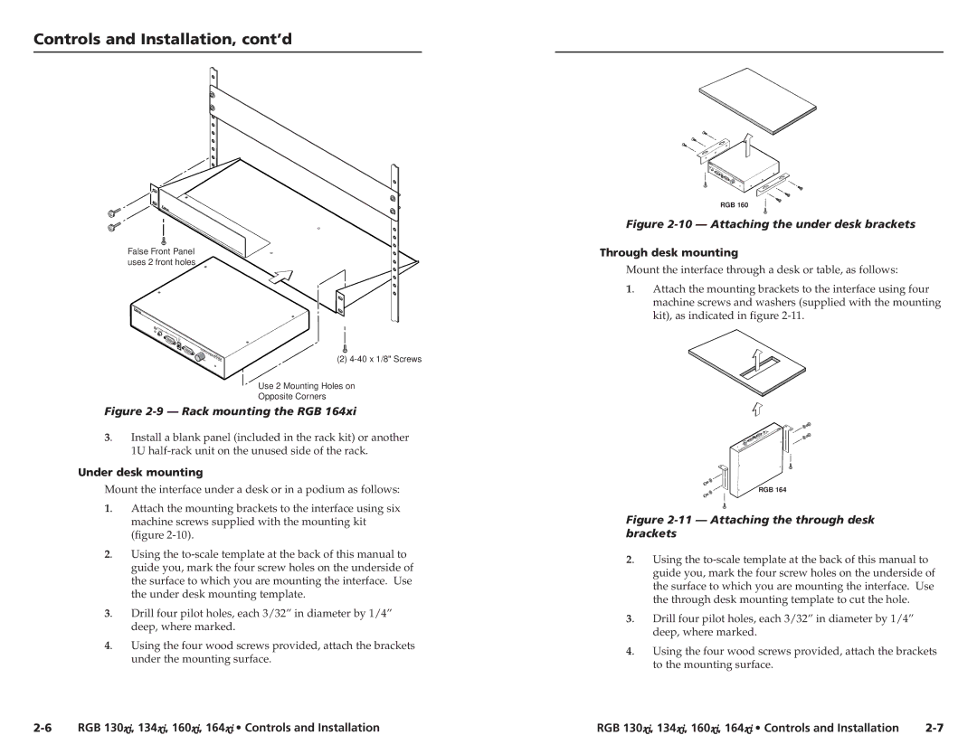 Extron electronic RGB 164XI, RGB 160XI user manual Under desk mounting, Through desk mounting 