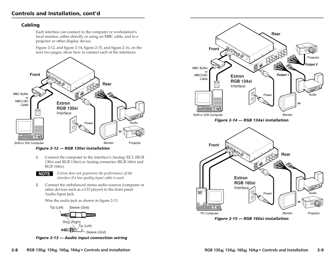 Extron electronic RGB 160XI, RGB 164XI user manual Cabling, Extron does not guarantee the performance 