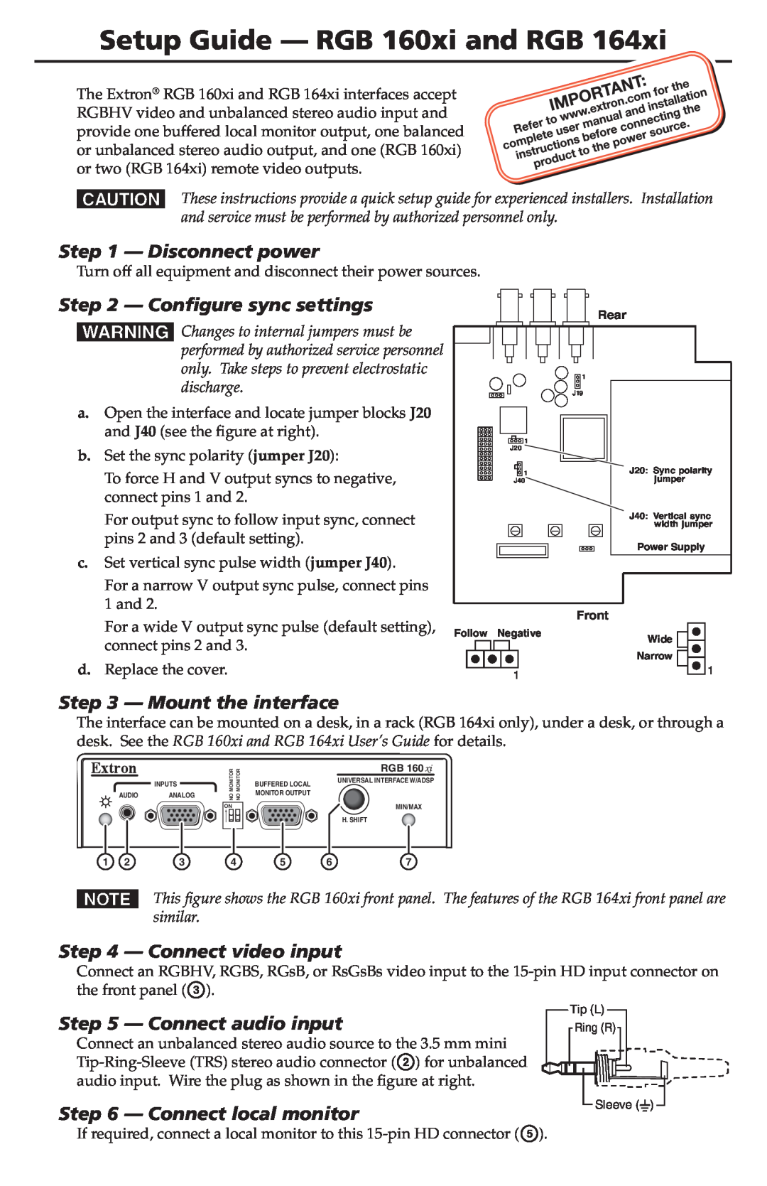 Extron electronic RGB 160XI, RGB 164XI setup guide Disconnect power, Configure sync settings, Mount the interface 