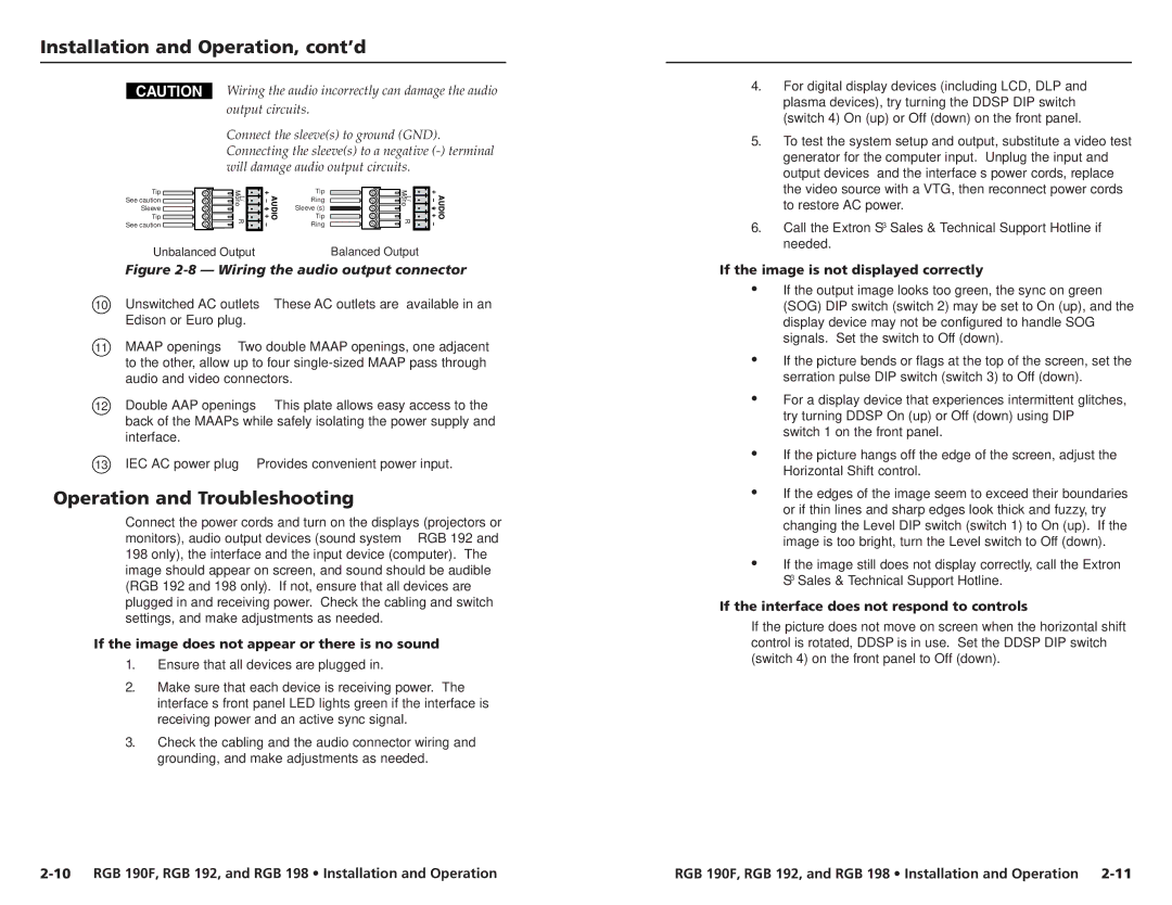 Extron electronic RGB 190FV, RGB 198 EU Operation and Troubleshooting, If the image does not appear or there is no sound 