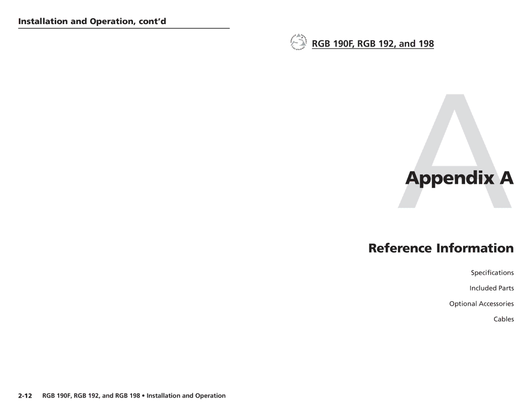 Extron electronic RGB 198 EU, RGB 192V, RGB 192S, RGB 190FM, RGB 190FS, RGB 190FV user manual AAppendix a 