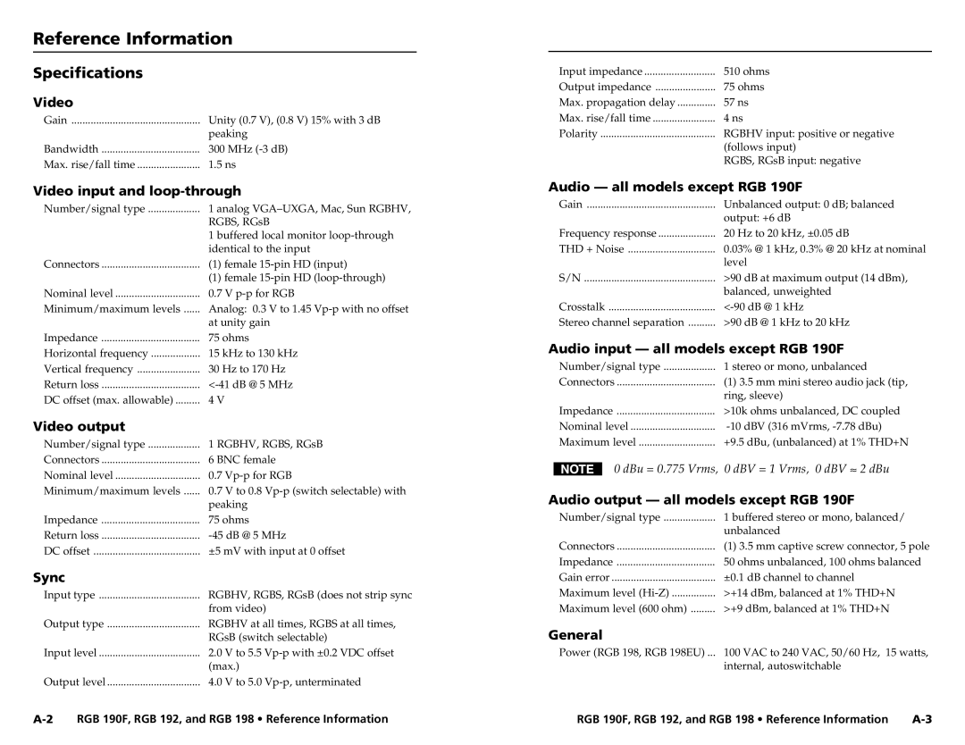 Extron electronic RGB 192V, RGB 198 EU, RGB 192S, RGB 190FM, RGB 190FS ReferencerenceInformation,cont’d Specifications 