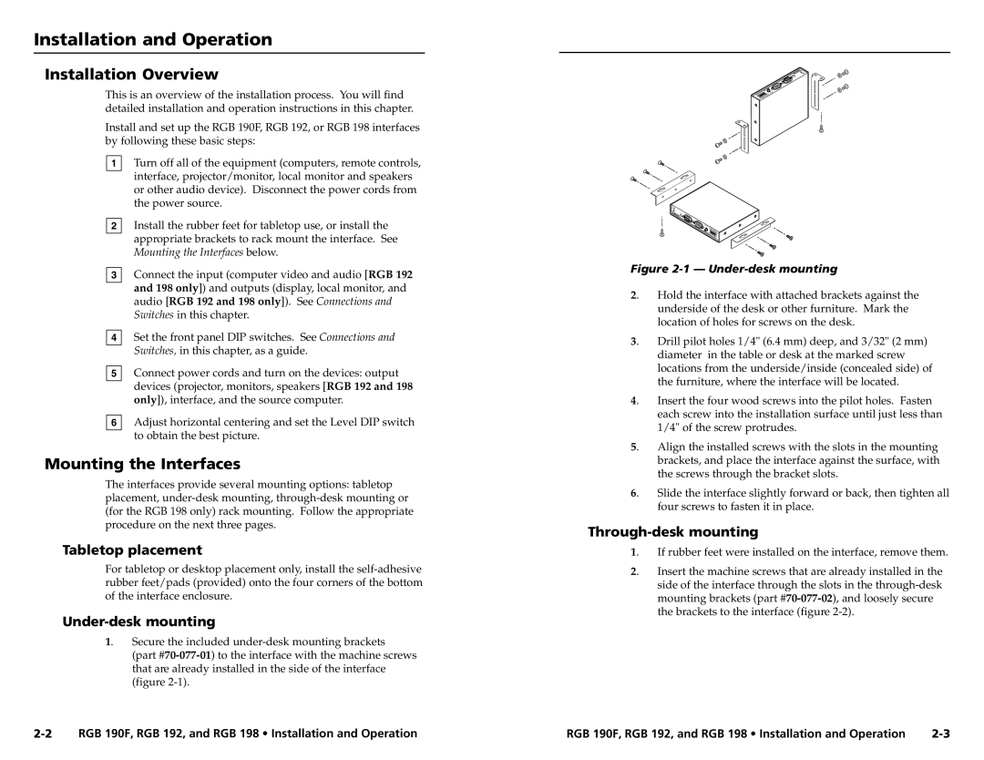 Extron electronic RGB 192V Mounting the Interfaces, Tabletop placement, Under-desk mounting, Through-desk mounting 