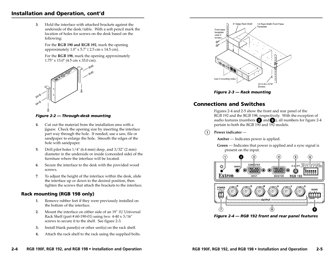 Extron electronic RGB 192S Installation and Operation, cont’d, Connections and Switches, Rack mounting RGB 198 only 