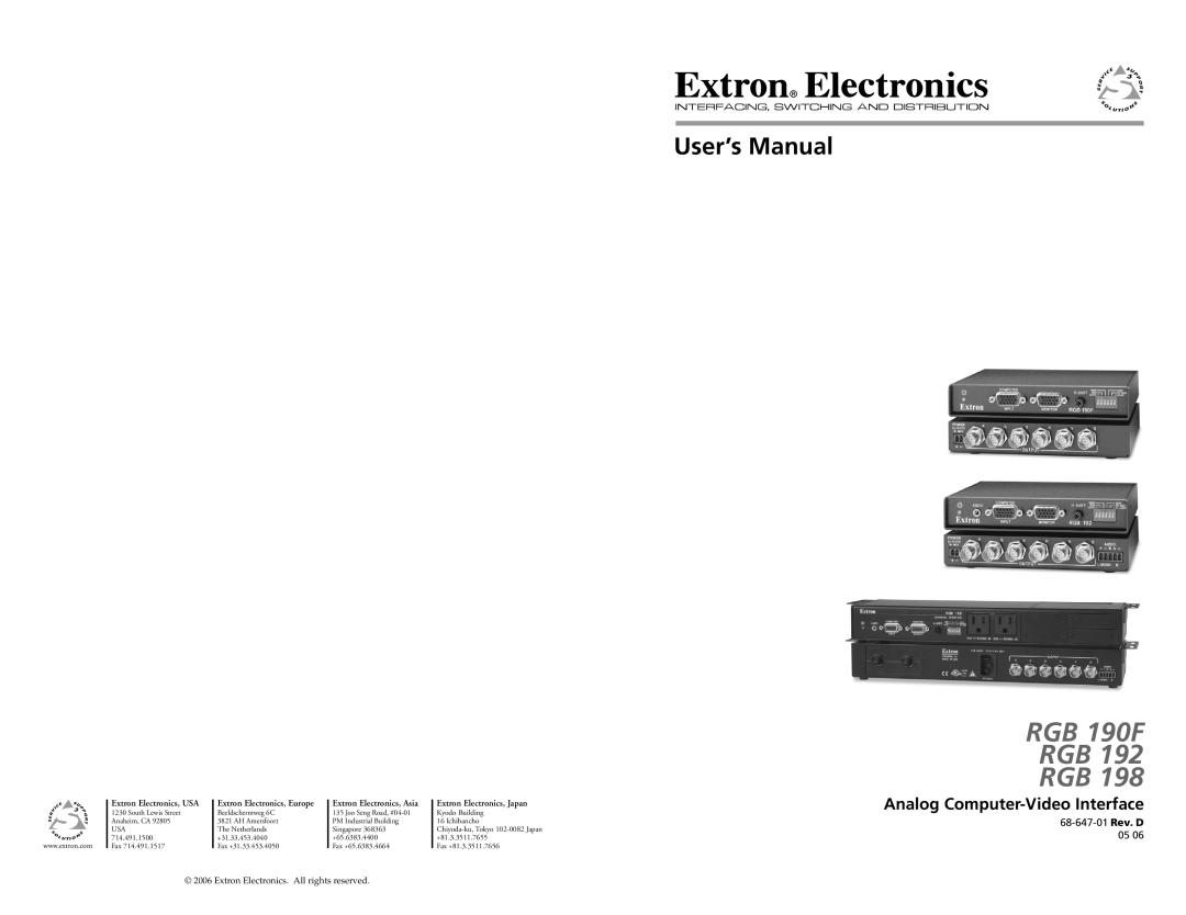 Extron electronic RGB 192V user manual Analog Computer-Video Interface, RGB 190F RGB RGB, User’s Manual, 68-647-01 Rev. D 