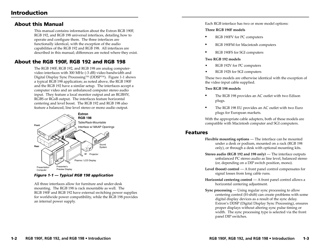 Extron electronic RGB 190FV Introductionroduction, cont’d About this Manual, About the RGB 190F, RGB 192 and RGB, Features 