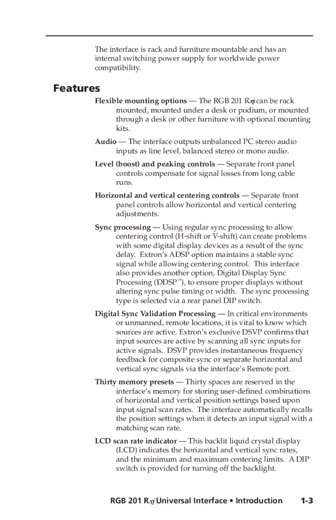 Extron electronic RGB 201 Rxi manual Features, RGB 201 R xi Universal Interface Introduction 