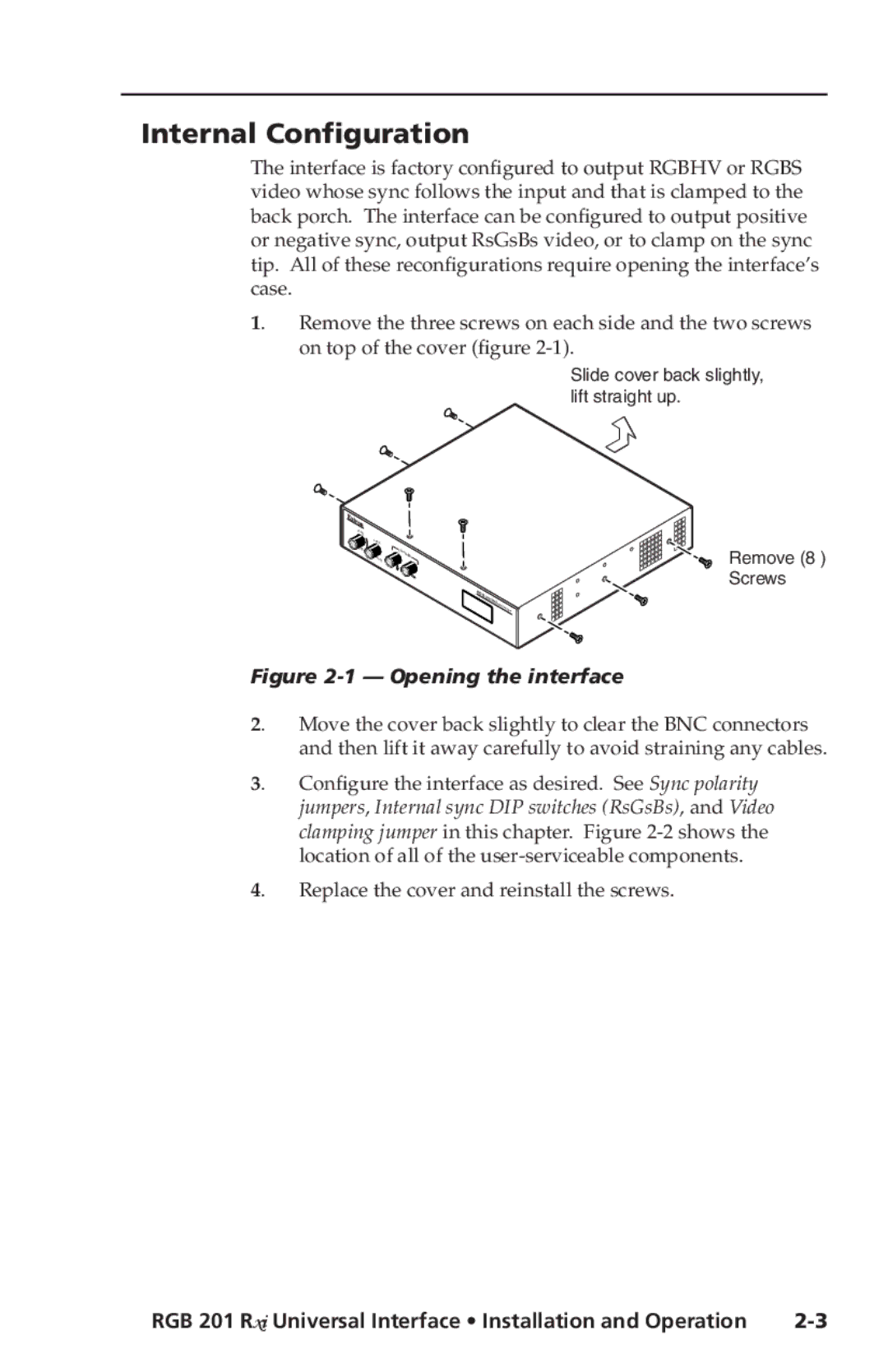 Extron electronic manual Internal Configuration, RGB 201 Rxi Universal Interface Installation and Operation 