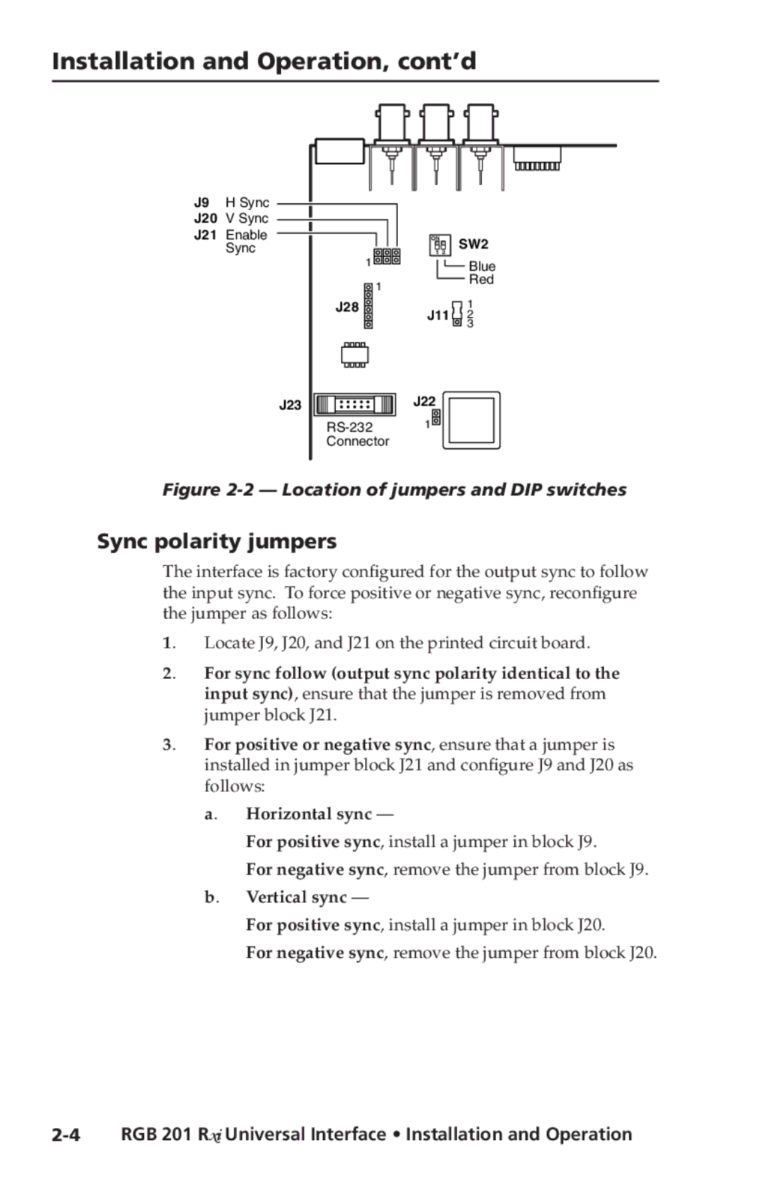 Extron electronic RGB 201 Rxi manual Installation and Operation, cont’d, Sync polarity jumpers 