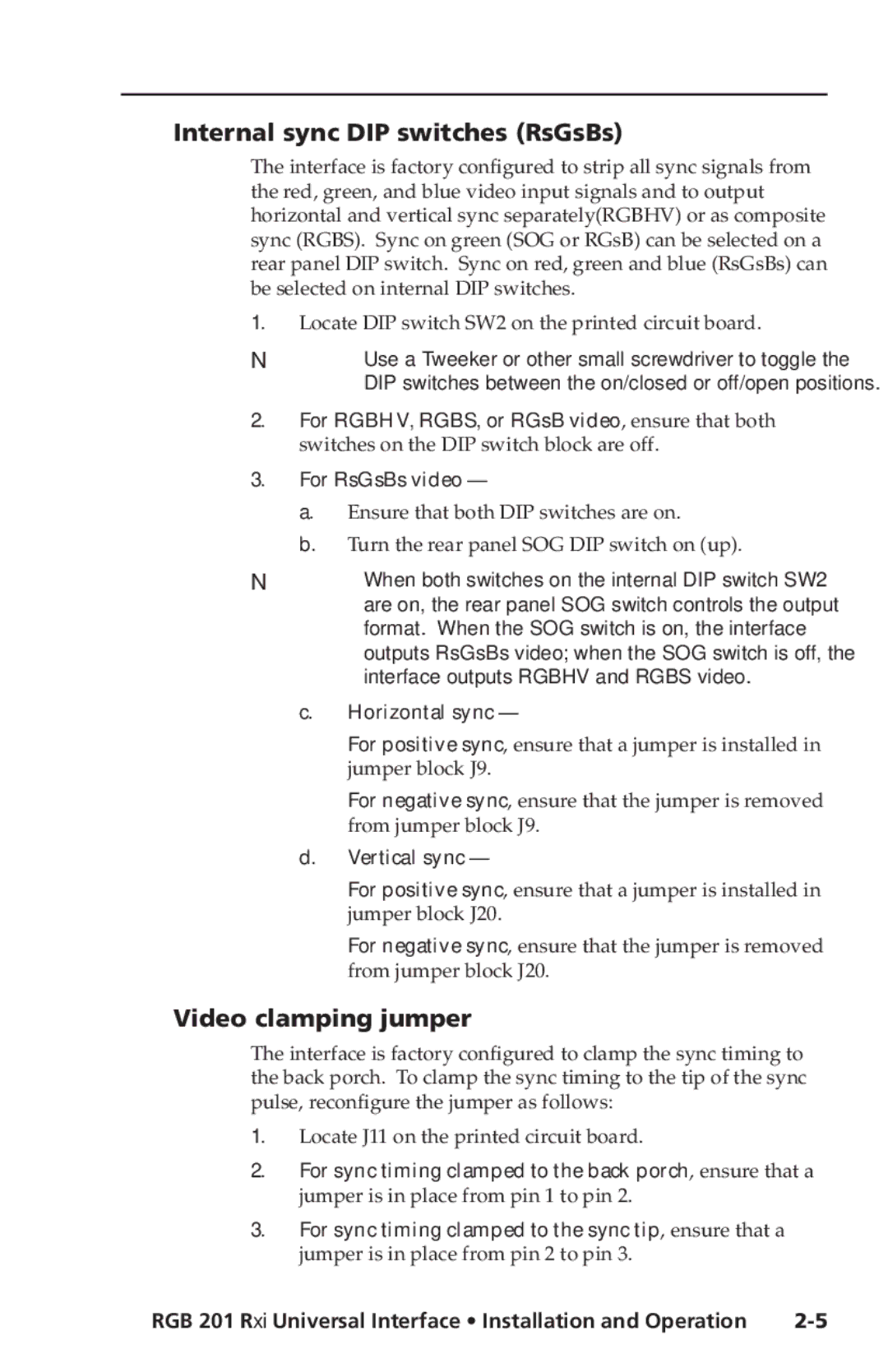 Extron electronic RGB 201 Rxi manual Internal sync DIP switches RsGsBs, Video clamping jumper 