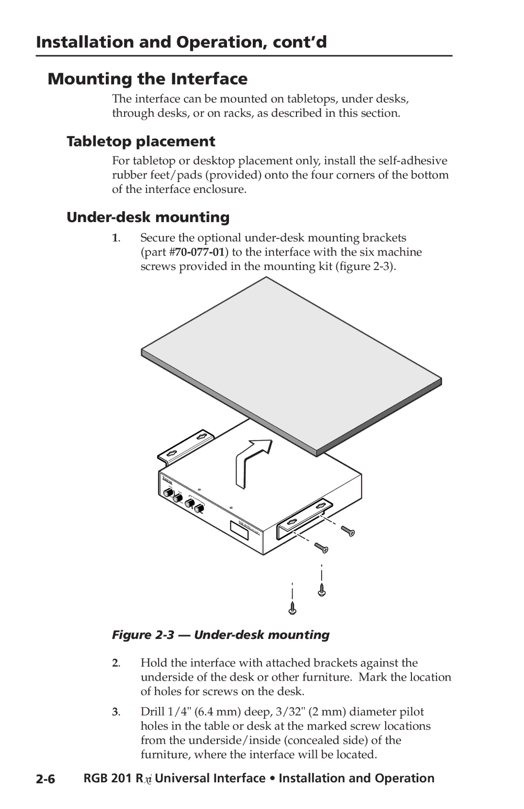 Extron electronic RGB 201 Rxi manual Installation and Operation, cont’d Mounting the Interface, Tabletop placement 