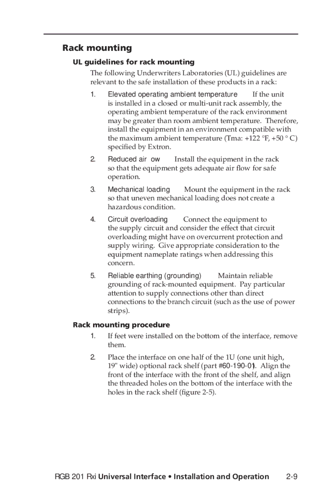 Extron electronic RGB 201 Rxi manual UL guidelines for rack mounting, Rack mounting procedure 