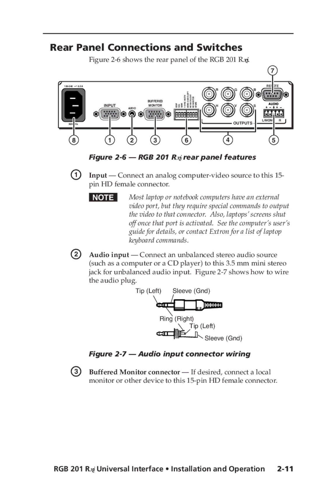 Extron electronic RGB 201 Rxi manual Rear Panel Connections and Switches, Pin HD female connector 