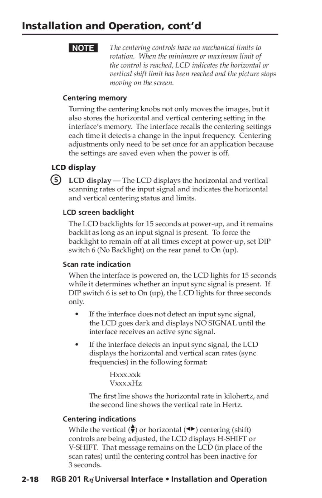 Extron electronic RGB 201 Rxi manual Centering memory, LCD display, LCD screen backlight, Scan rate indication 